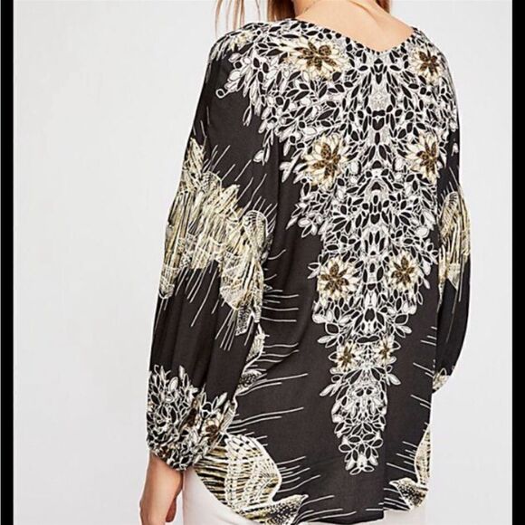 FREE PEOPLE Birds of a Feather Patterned Top Black Brown Beige Women’s Large - Picture 5 of 11